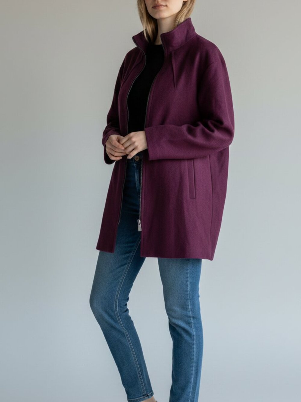 Sofia Cashmere Burgundy Wool Blend Stand Collar Short Coat Size L - Picture 2 of 10